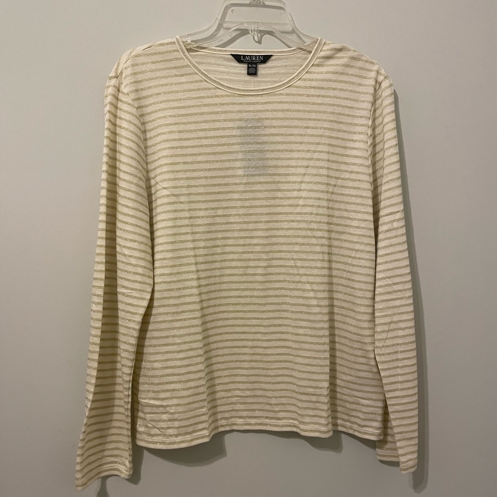 NWT Ralph Lauren Beige Women’s Long Sleeve Shirt Women’s XL Gold Metalli…